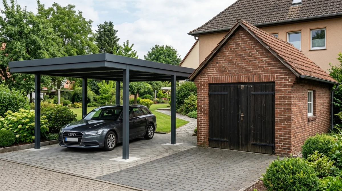 Moderner Metallcarport aus Polen und traditionelle Garage im direkten Größenvergleich auf einem privaten Hausgrundstück