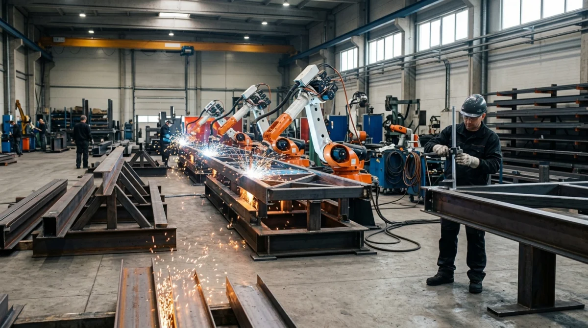 Stahlcarport Fertigung in einer polnischen Produktionshalle mit modernen Schweißrobotern und präziser industrieller Qualitätskontrolle