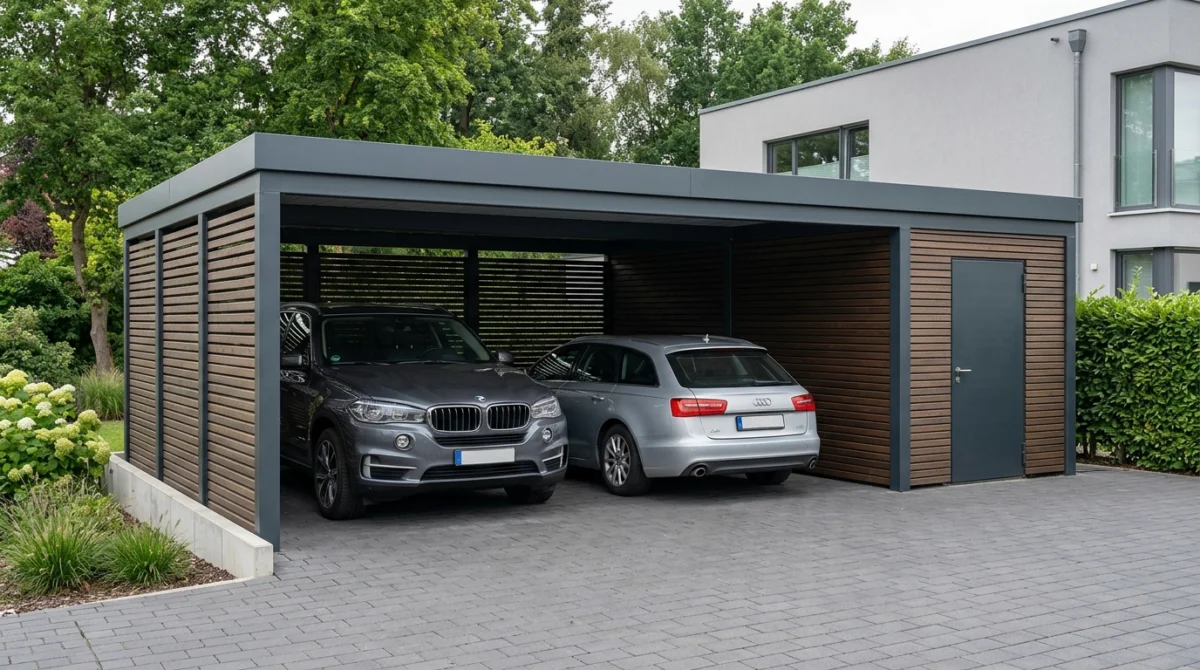 Moderner Doppelcarport mit eleganten Lamellenseitenwänden und integriertem Abstellraum neben zwei geparkten Fahrzeugen im Garten