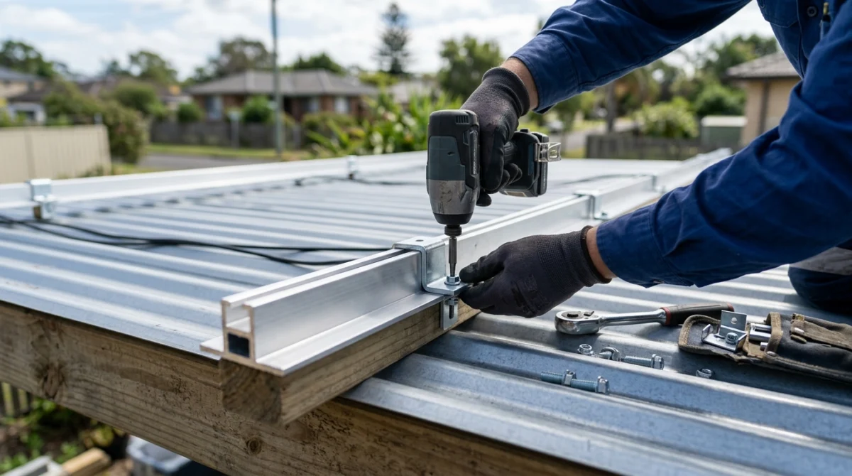 Aluminium-Montageschienen und Klemmhalterungen werden an einem Stahl-Carportdach für die Solarinstallation befestigt