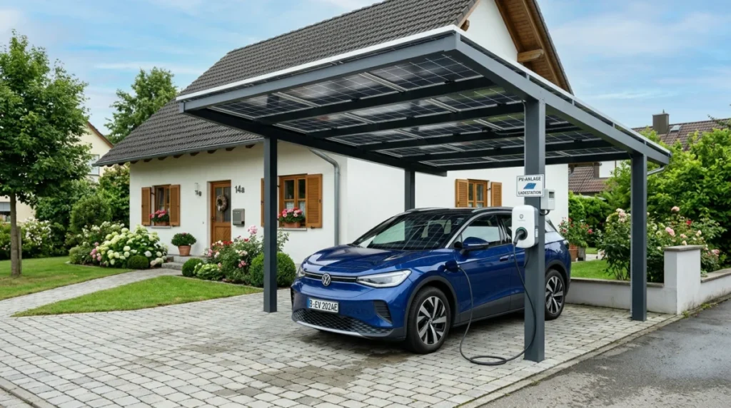 Fertiggestellter Solar-Carport mit Photovoltaikdach und Wallbox, darunter ein ladendes Elektrofahrzeug vor einem deutschen Einfamilienhaus