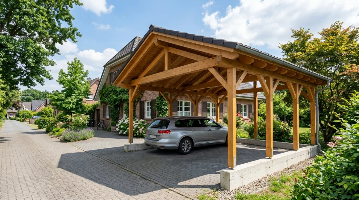 Carport auf einem Wohngrundstück in Deutschland – Holzkonstruktion mit sichtbarem Betonfundament unter den Pfosten, sonn