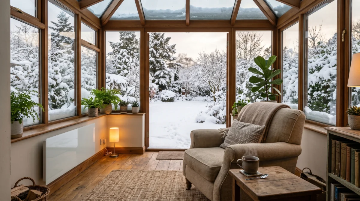 Heller Wintergarten an einem winterlichen Nachmittag, durch die Scheiben sieht man Schnee im Garten, im Inneren ein gemü
