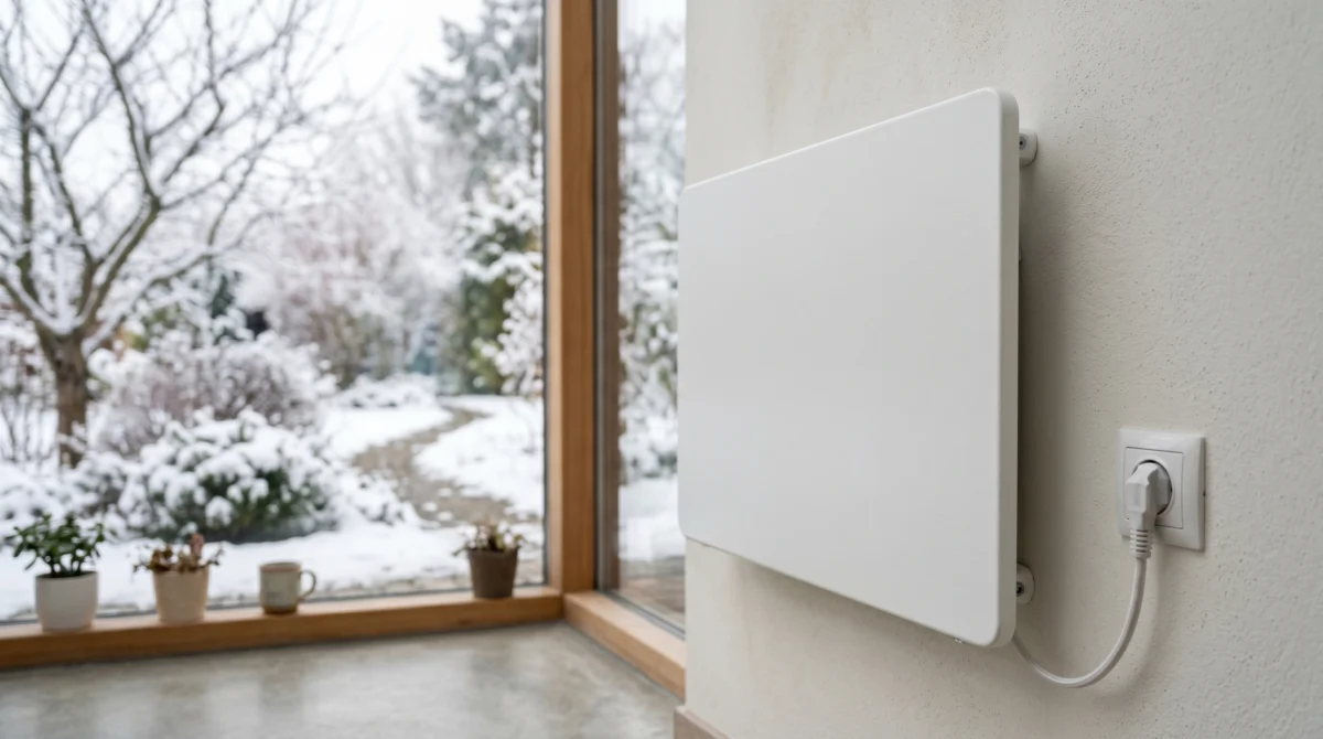 Wintergarten Heizung: Die besten Systeme & Kosten im Vergleich — 1 Detailansicht eines weißen Infrarot-Heizpaneels an einer Wintergarten-Innenwand, im Hintergrund unscharf die Glasfront m