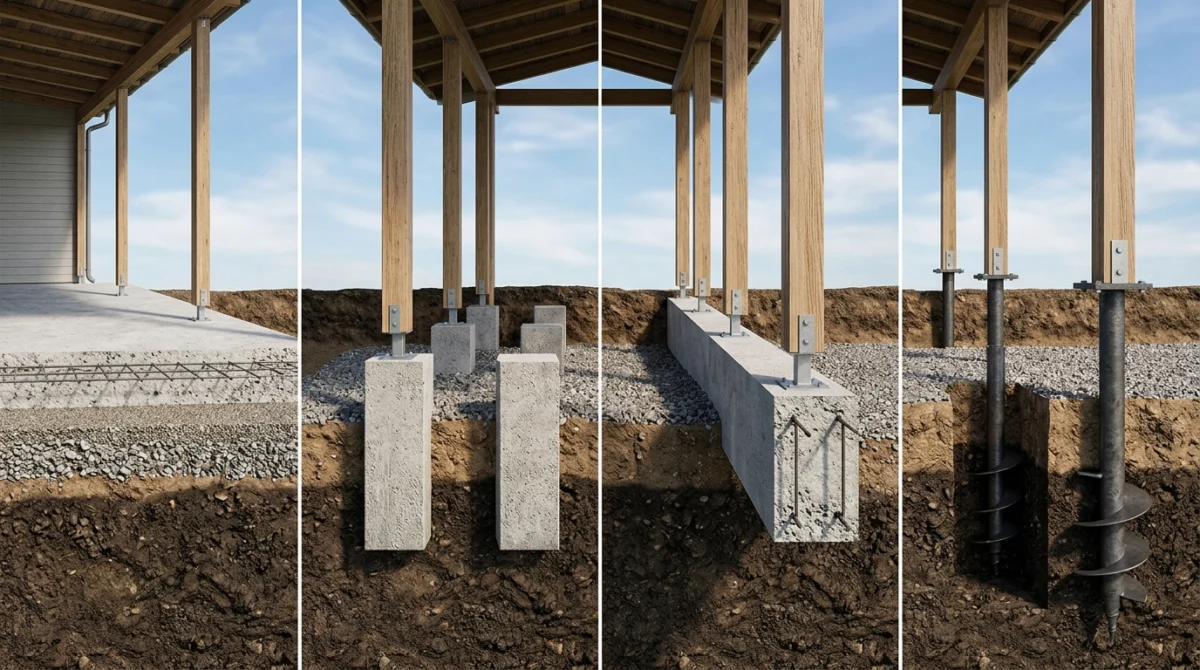 Schematische Illustration der vier Carport-Fundamenttypen nebeneinander: Betonplatte, Punktfundament, Streifenfundament 