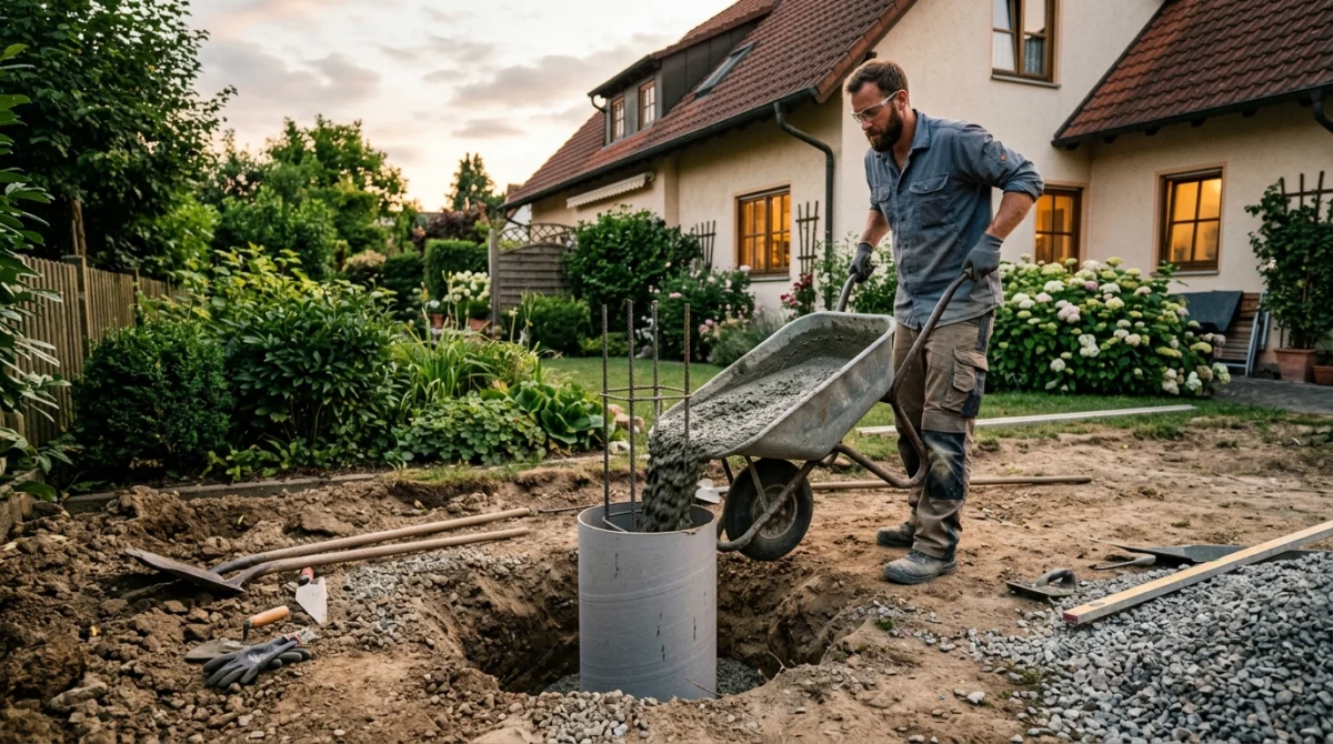 Handwerker gießt Beton aus einer Schubkarre in eine zylindrische Schalung für ein Carport-Punktfundament im Garten eines