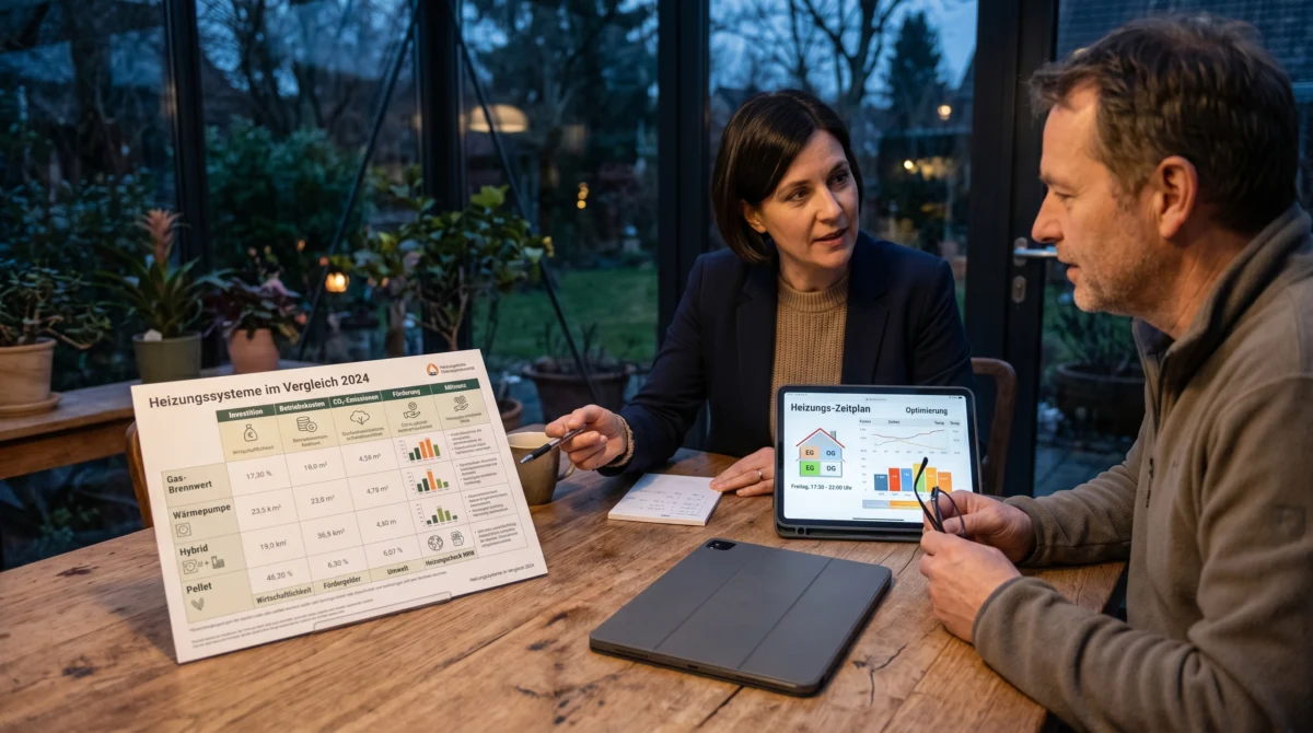 Wintergarten Heizung: Die besten Systeme & Kosten im Vergleich — 2 Tabellenartige Übersicht / Infografik auf einem Holztisch in einem Wintergarten, daneben ein Tablet mit Heizungsplan, im