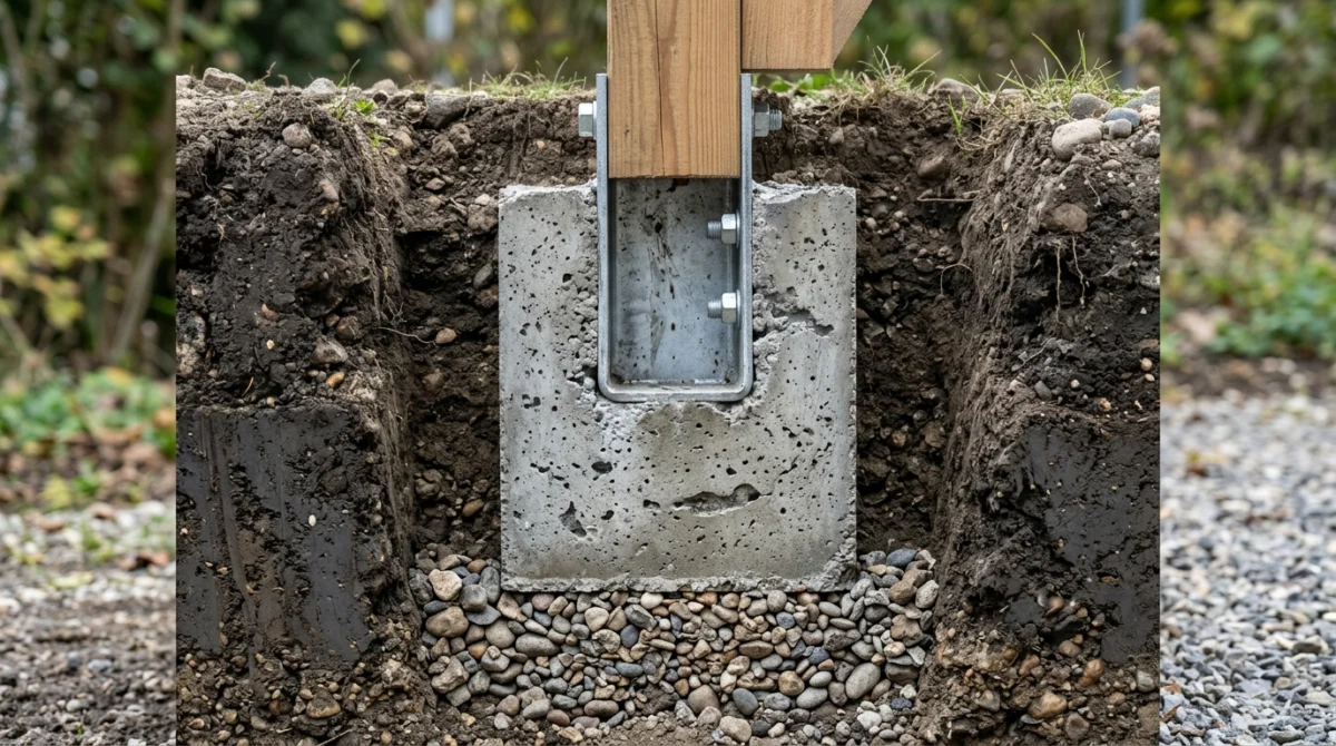 Technischer Querschnitt durch ein Carport-Punktfundament mit Beschriftungen: Geländeoberfläche, Frostgrenze, Kiesdrainag