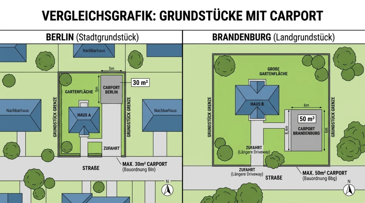 Vergleichsgrafik zweier Grundstücke mit Carport, links Berlin mit 30-Quadratmeter-Markierung, rechts Brandenburg mit 50-
