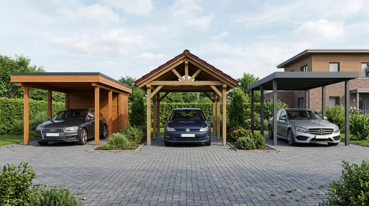 Drei Carport-Varianten nebeneinander als Illustration, Flachdach-Holzcarport, Satteldach-Carport und Aluminium-Carport, 