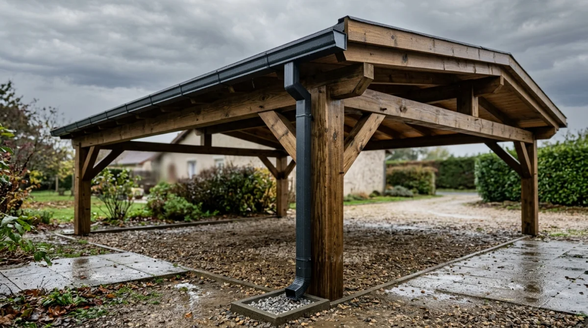 Seitlich fotografierter Holz-Carport mit montierter anthrazitfarbener Regenrinne an der Traufe, sichtbares Fallrohr an der Stütze, das in einen bodennahen Sickerschacht führt, bewölkter Himmel nach Regen
