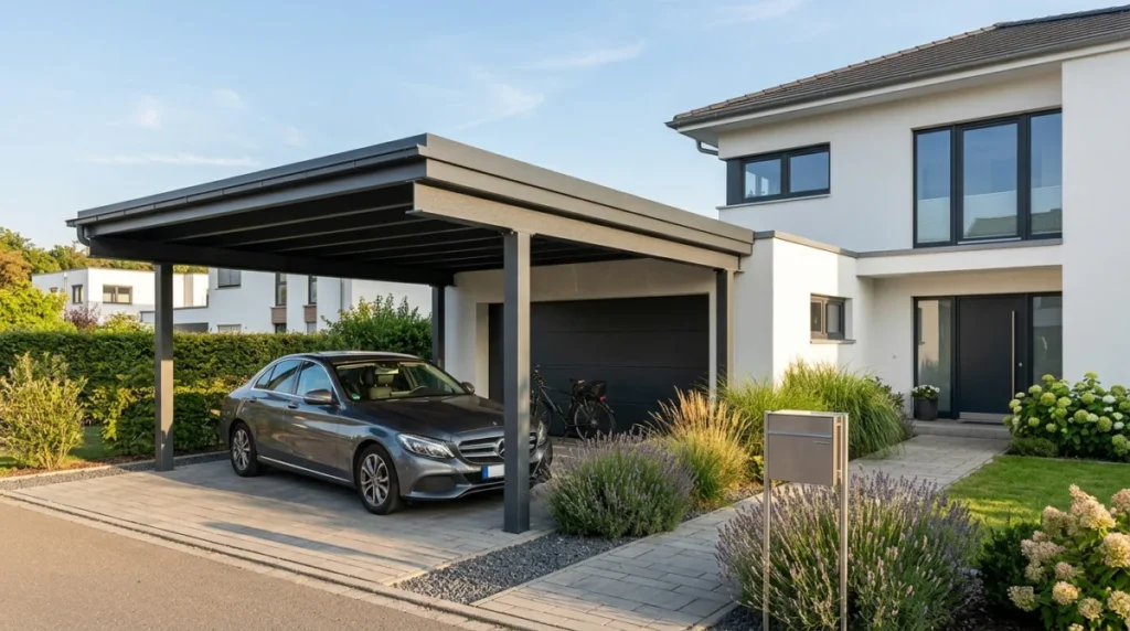 Anthrazitgraues Metallcarport (RAL 7016) vor einem modernen, weiß verputzten Einfamilienhaus, seitliches Nachmittagslich