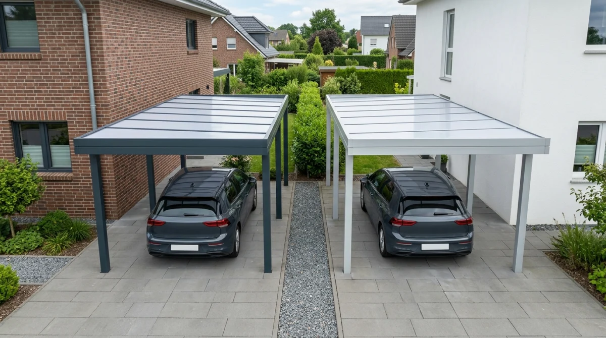 Vergleich zweier identischer Carports, links in Anthrazit RAL 7016 vor Klinkerfassade, rechts in Weißaluminium RAL 9006 