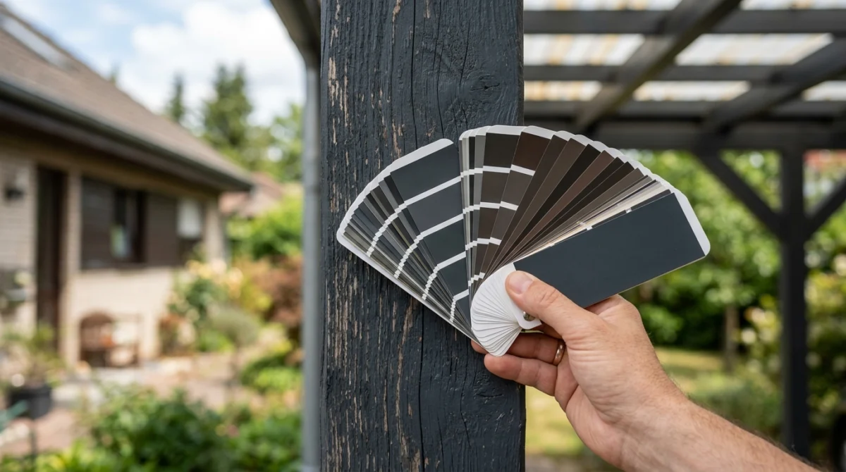 Hand hält einen RAL-Farbfächer an einen Carport-Pfosten im Tageslicht, Fokus auf Anthrazit- und Brauntöne, Fassade unsch