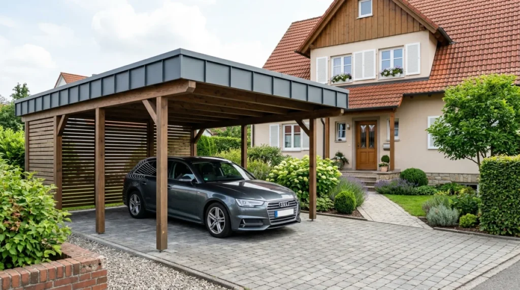 Moderner Carport aus Holz mit Aluminiumdach vor einem deutschen Einfamilienhaus bei Tageslicht, darunter ein geparktes A