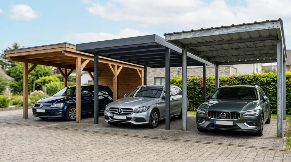 Wie lange hält ein Carport? Lebensdauer & Material-Check — 2 Drei Carports nebeneinander im Vergleich, links Holz, mittig Aluminium in Anthrazit, rechts feuerverzinkter Stahl, jewei