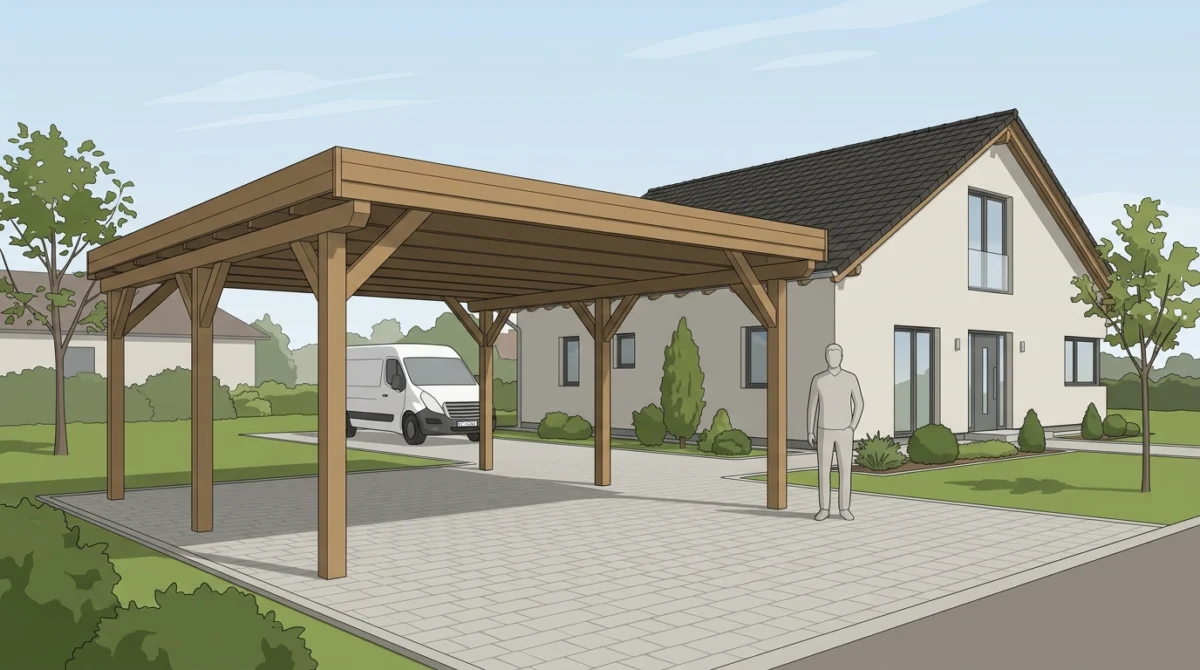 Freistehender Holz-Carport vor einem deutschen Einfamilienhaus, im Hintergrund angedeutet ein Transportfahrzeug mit poln