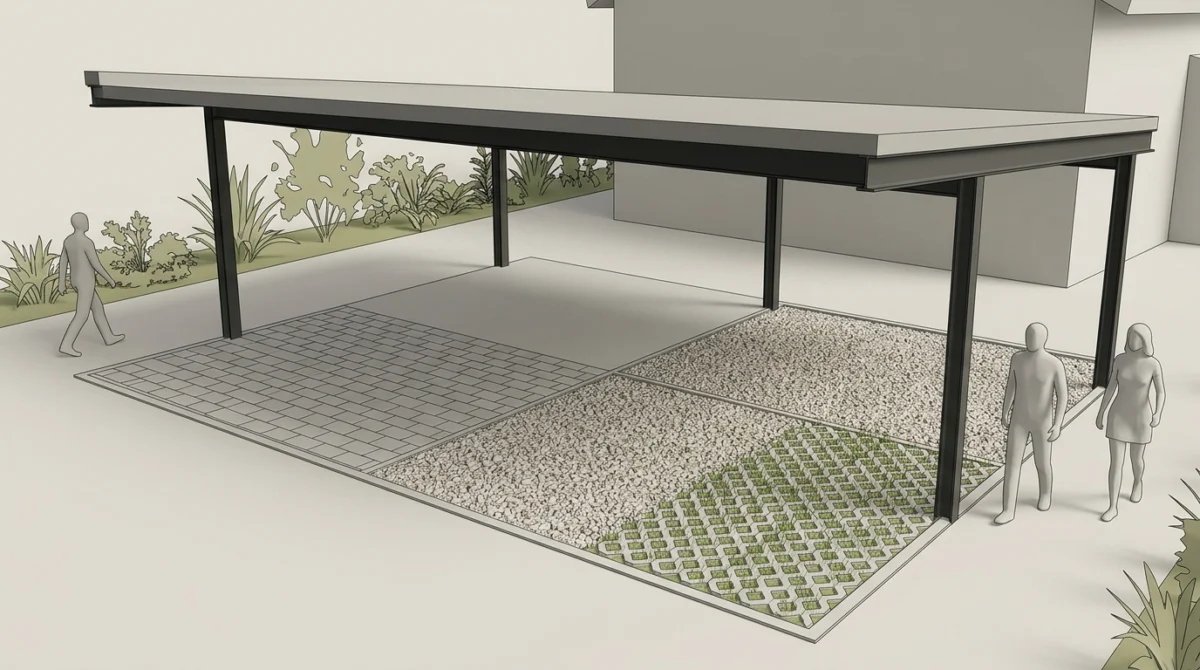 Carport mit schlanken Stahlstuetzen, die Flaeche darunter in vier Viertel geteilt: Pflastersteine, Beton, Schotter und R