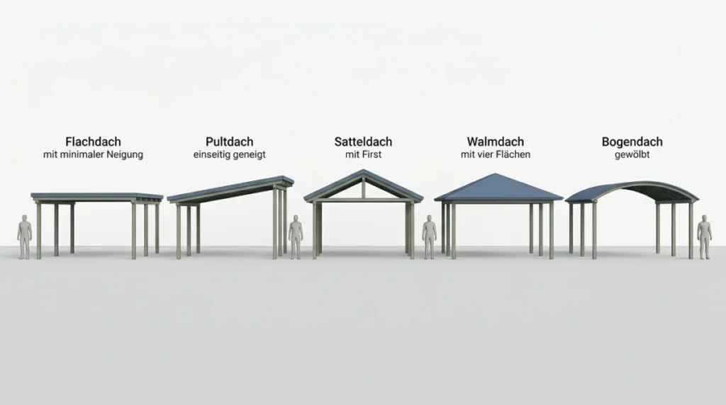 Nebeneinander gestellte Seitenprofile von fünf Carport-Dachformen als flache Vektorgrafik: Flachdach mit minimaler Neigu