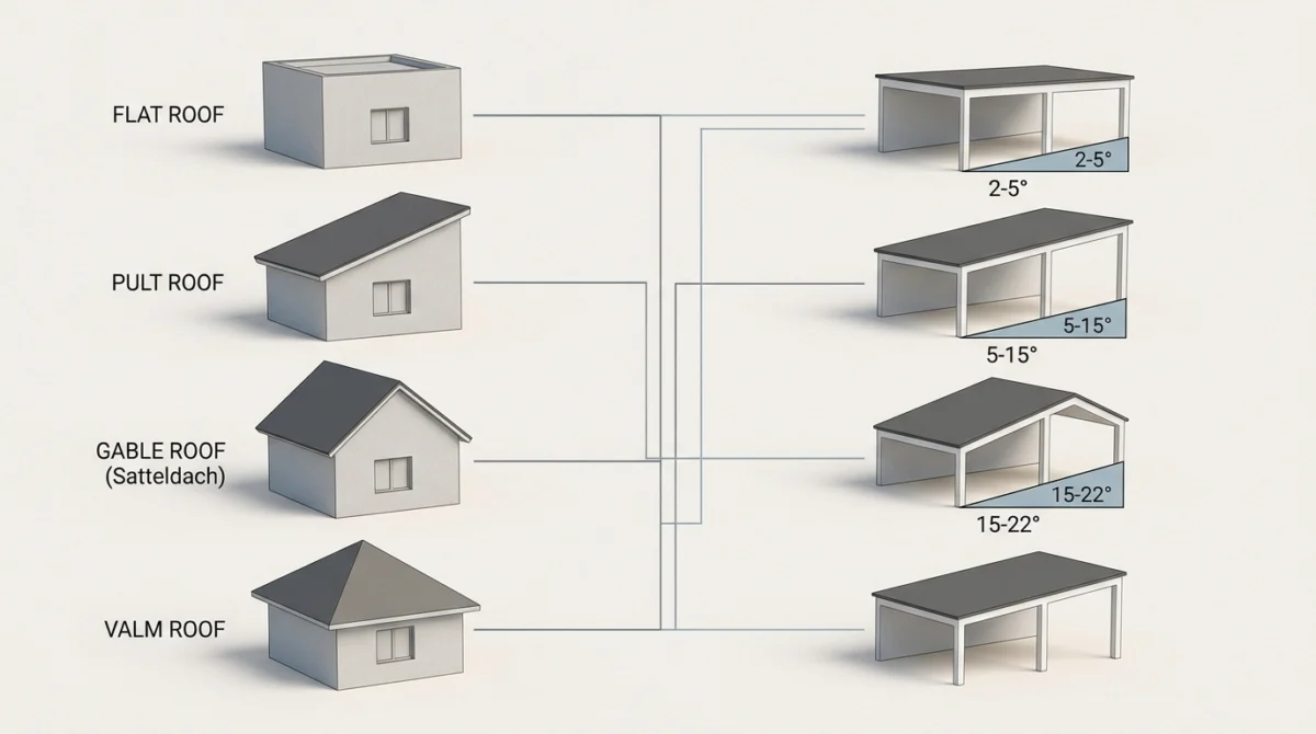 Carport Dachformen: Flachdach, Satteldach & Walmdach im Check — 1 Entscheidungsdiagramm als flache Vektorgrafik: links Hausdachtypen (Flachdach, Pultdach 30 Grad, Satteldach 40 Grad, Wal