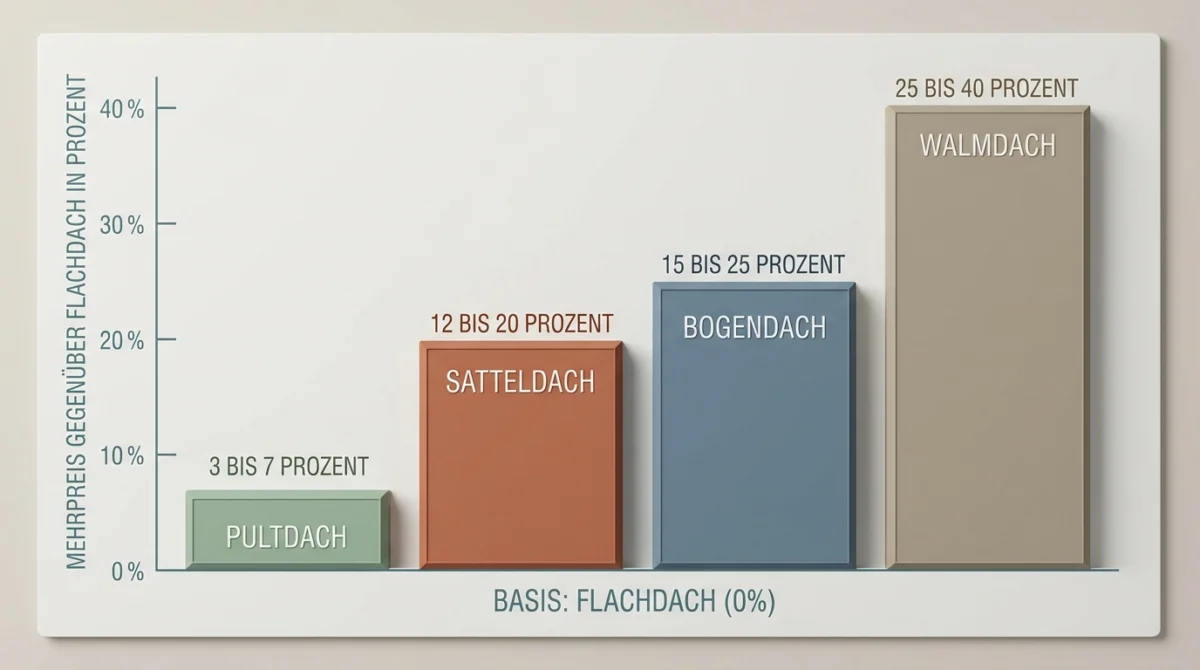 Carport Dachformen: Flachdach, Satteldach & Walmdach im Check — 2 Balkendiagramm als flache Vektorgrafik zum Mehrpreis der Carport-Dachformen gegenüber dem Flachdach als Basis: Pultdach