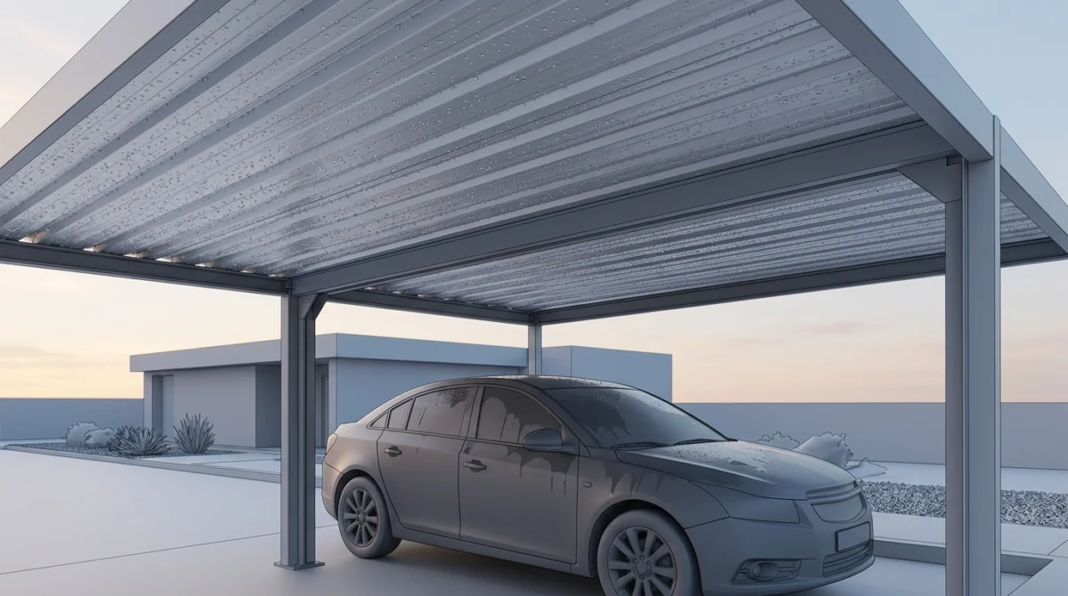 Blick von unten unter ein Carport-Blechdach im Morgengrauen: die Unterseite des Trapezblechs ist mit einem gle Blick von unten unter ein Carport-Blechdach im Morgengrauen: die Unterseite des Trapezblechs ist mit einem gle