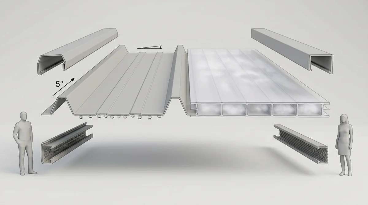 Querschnittsvergleich Trapezblech gegen Polycarbonat-Doppelstegplatte. Links Kondenstropfen an der Blechunters Querschnittsvergleich Trapezblech gegen Polycarbonat-Doppelstegplatte. Links Kondenstropfen an der Blechunters