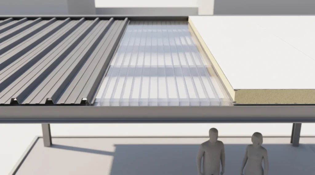 Nahaufnahme eines Carportdachs, geteilt in drei Streifen - links graues Trapezblech, mittig transparente Polyc