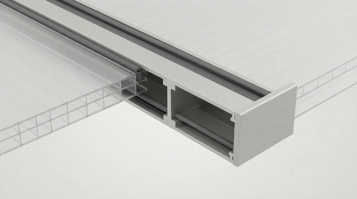 Nahaufnahme eines Verbindungsprofils zwischen zwei Polycarbonat-Stegplatten, mit sichtbarer Dichtung und Endka
