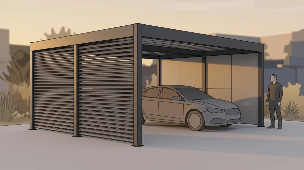 Carport von der Seite fotografiert, eine Seitenwand mit horizontalen Aluminium-Lamellen in Anthrazit, die ande