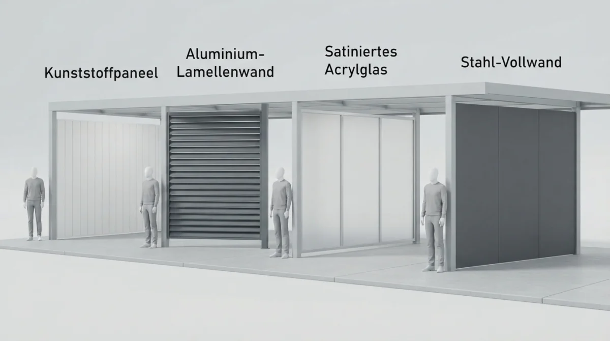 Vier Sichtschutz-Materialien für den Carport nebeneinander in aufsteigender Preisstufe dargestellt: Kunststoff