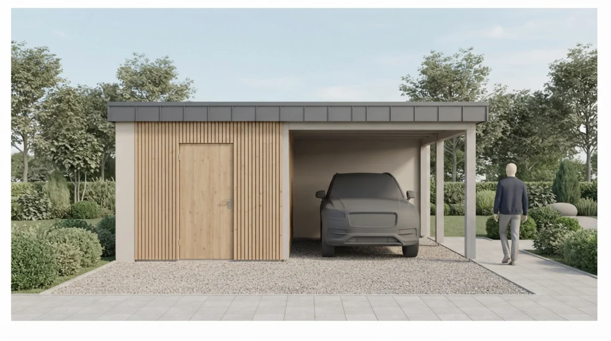 Carport von vorne, eine Seite als geschlossener Abstellraum mit Holztür für Gartengeräte, daneben offener Bere