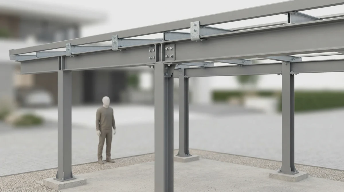 Stahl-Unterkonstruktion eines Carports mit Stuetzen und Pfetten