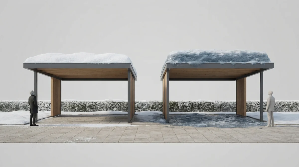 Vergleich von Pulverschnee und durchnaesstem Schnee auf dem Carportdach