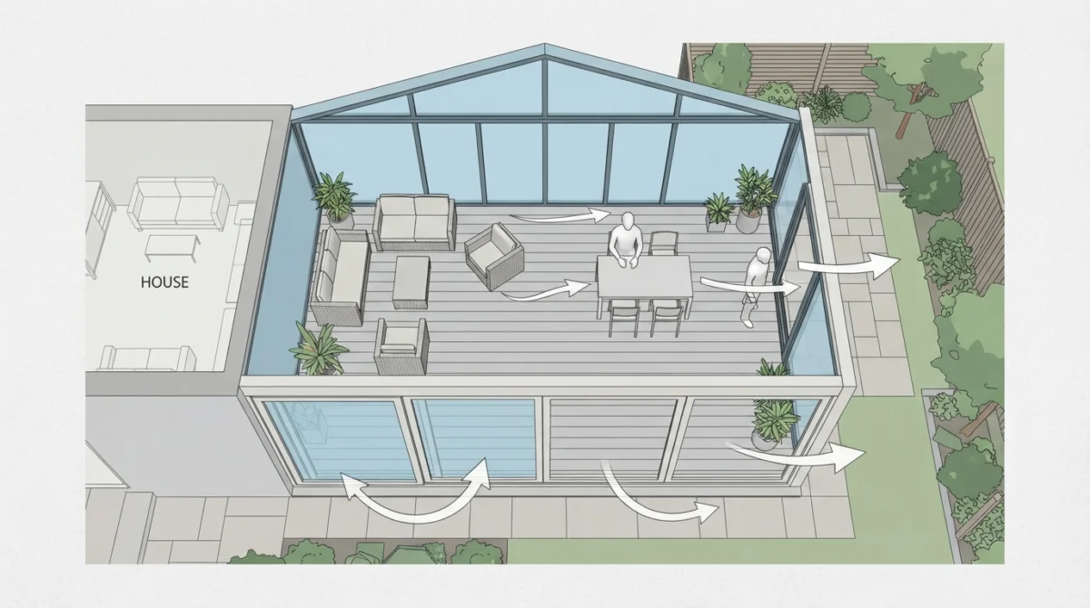 Grundriss-Illustration: Festverglasung an Wetterseite, Schiebefront zum Garten, Querlüftung über zwei Seiten Grundriss-Illustration: Festverglasung an Wetterseite, Schiebefront zum Garten, Querlüftung über zwei Seiten