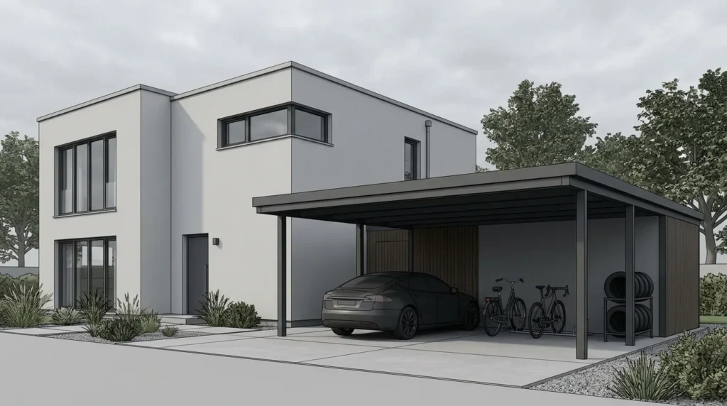Anthrazitfarbener Stahlcarport mit Fahrrädern und Reifenregal an der Rückwand