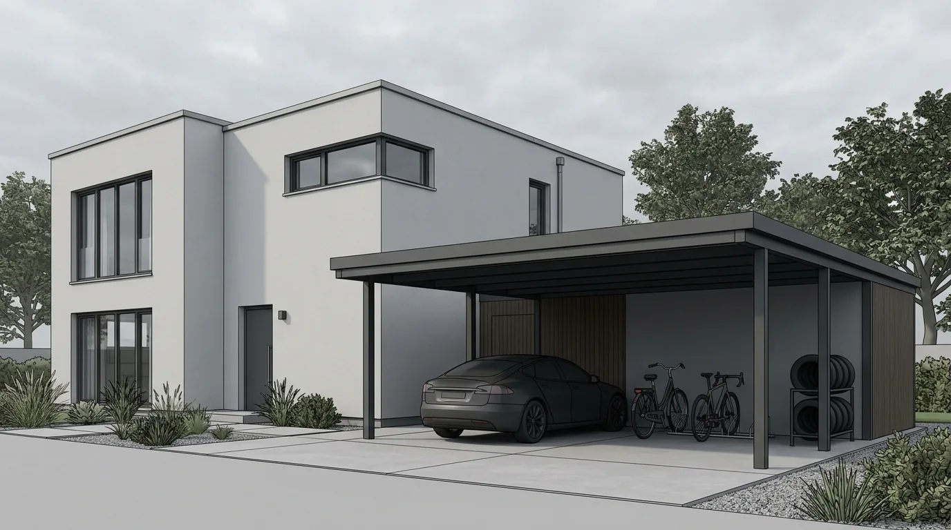 Anthrazitfarbener Stahlcarport mit Fahrrädern und Reifenregal an der Rückwand