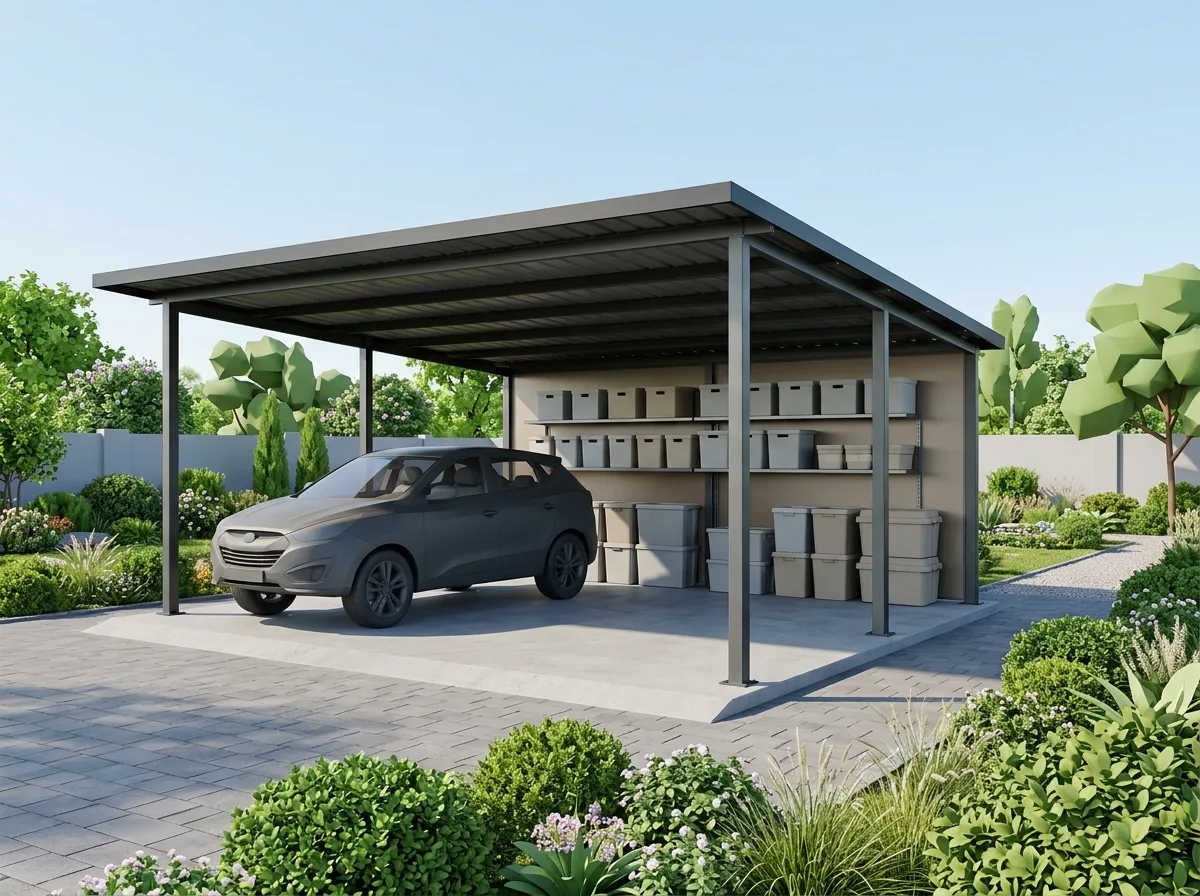 Offener Metallcarport mit Stellplatz und Aufbewahrungsboxen an der Wand