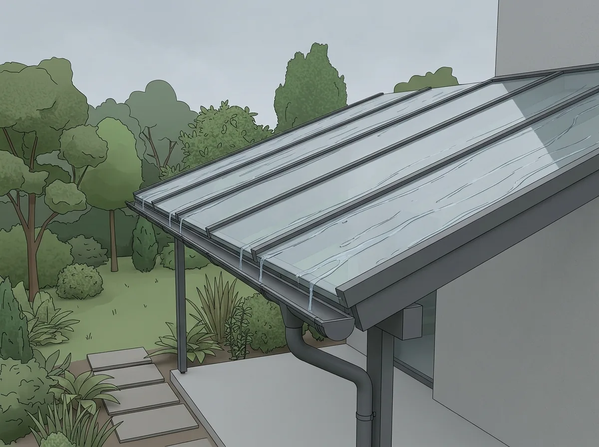 Regenwasser läuft von einer geneigten Terrassenüberdachung zur Regenrinne ab